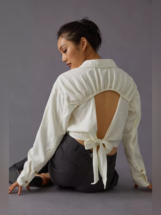 Tops - Pilcro Tie-Back Shrunken Button-Up Shirt
